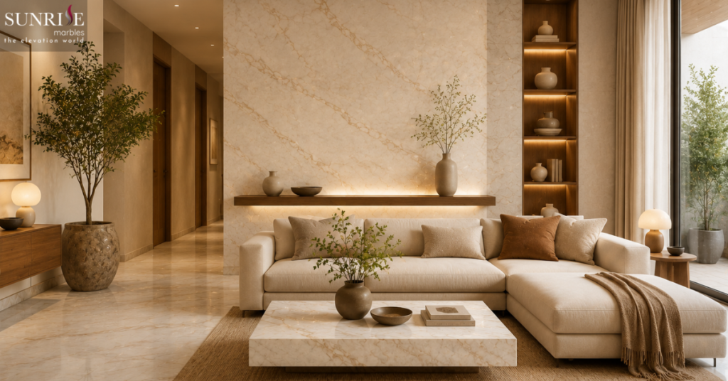 Warm minimalist home interior with premium marble surfaces and natural tones