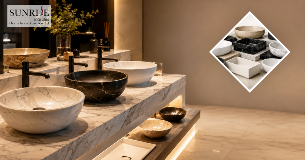 Bathroom basin designs in Hyderabad featuring premium ceramic, marble, granite, and countertop basins for modern homes.