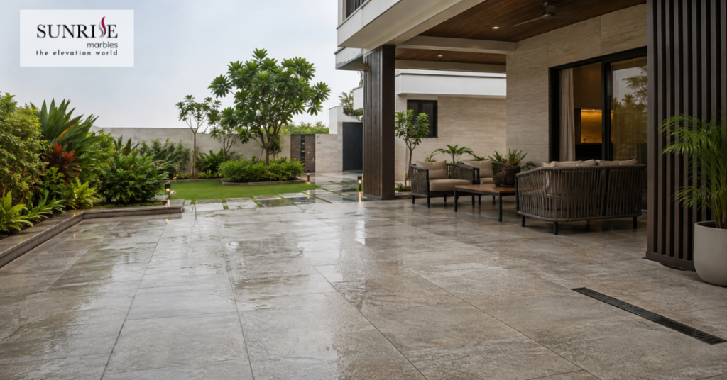 Anti skid outdoor tiles installed on a modern home terrace and patio