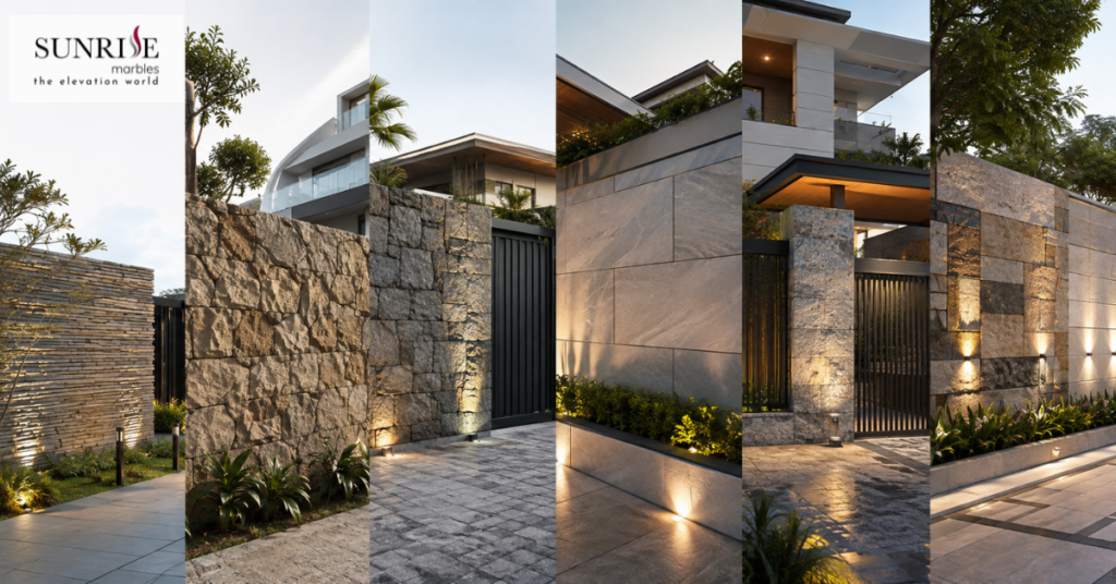 Boundary wall stone design ideas featuring stacked stone, split-face finishes, large-format panels and stone-metal combinations