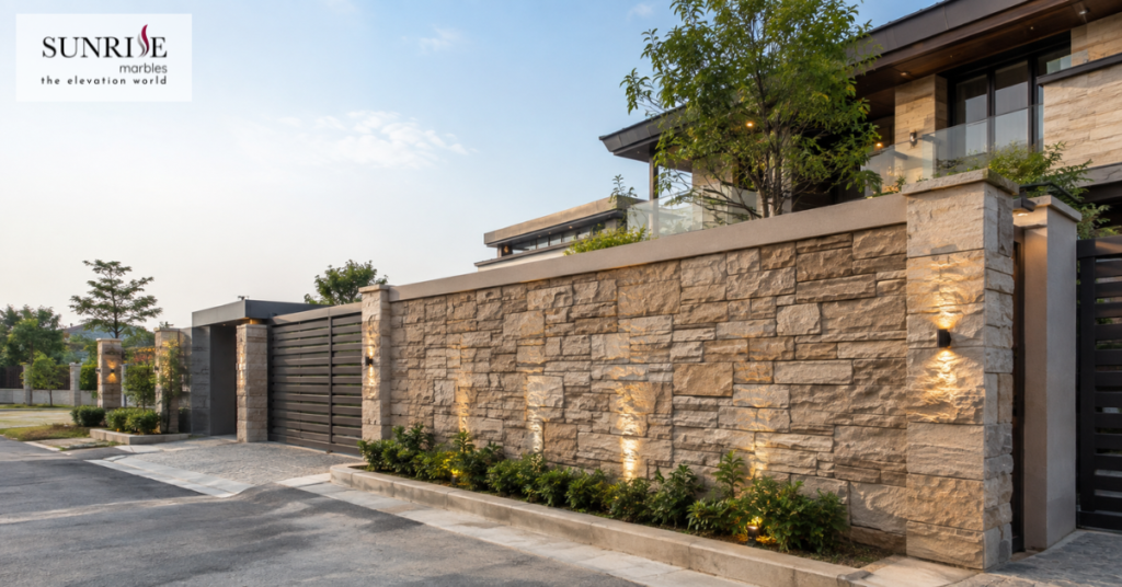 Boundary wall stone design for a modern Hyderabad villa with natural stone cladding