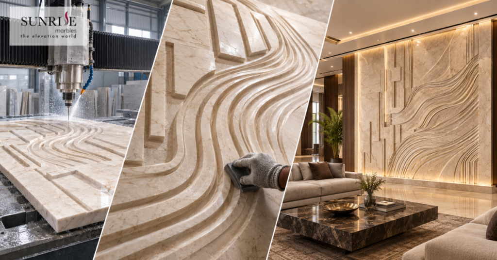 CNC stone fabrication process from marble carving to finished feature wall