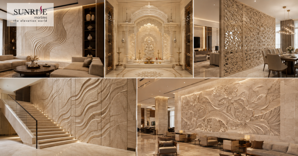 CNC stone applications including marble feature walls, pooja backdrops, jali partitions and staircases