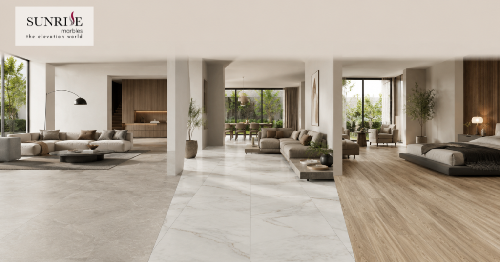 Matt finish tile designs including stone-look, marble-look and wood-look flooring for modern homes