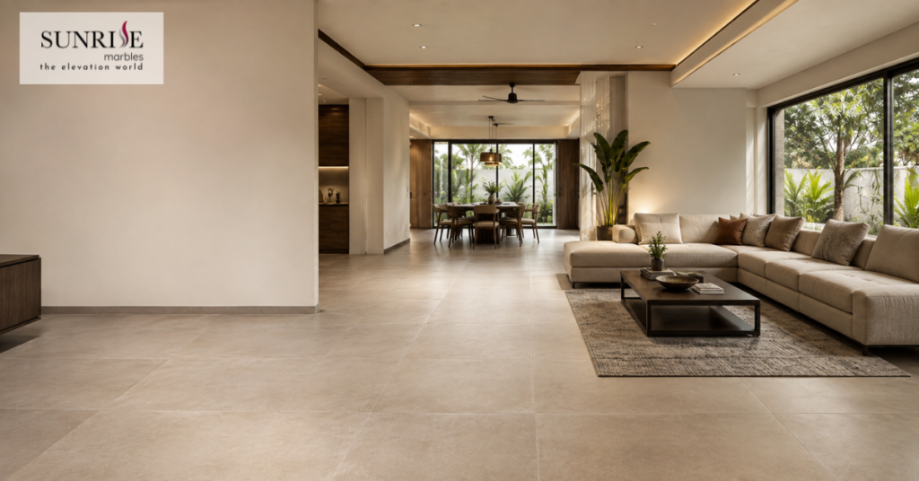 Matt finish tiles for floor in a modern Indian living room with large-format porcelain flooring