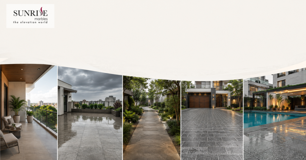 Outdoor tile applications showing different slip resistance levels for terraces, pathways, driveways and pool decks