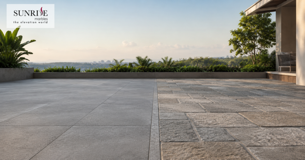 Outdoor porcelain and vitrified tiles compared with textured natural stone paving