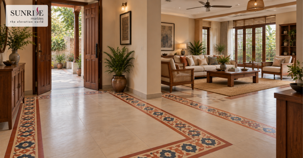 Athangudi tile design ideas featuring a decorative border around a simple floor