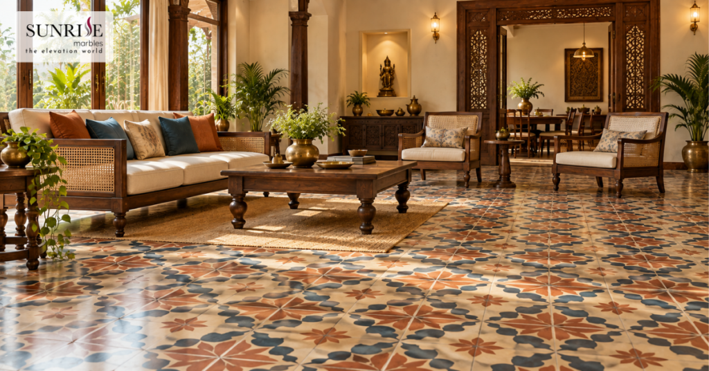 Athangudi tile design ideas featuring floral patterns in a traditional living room