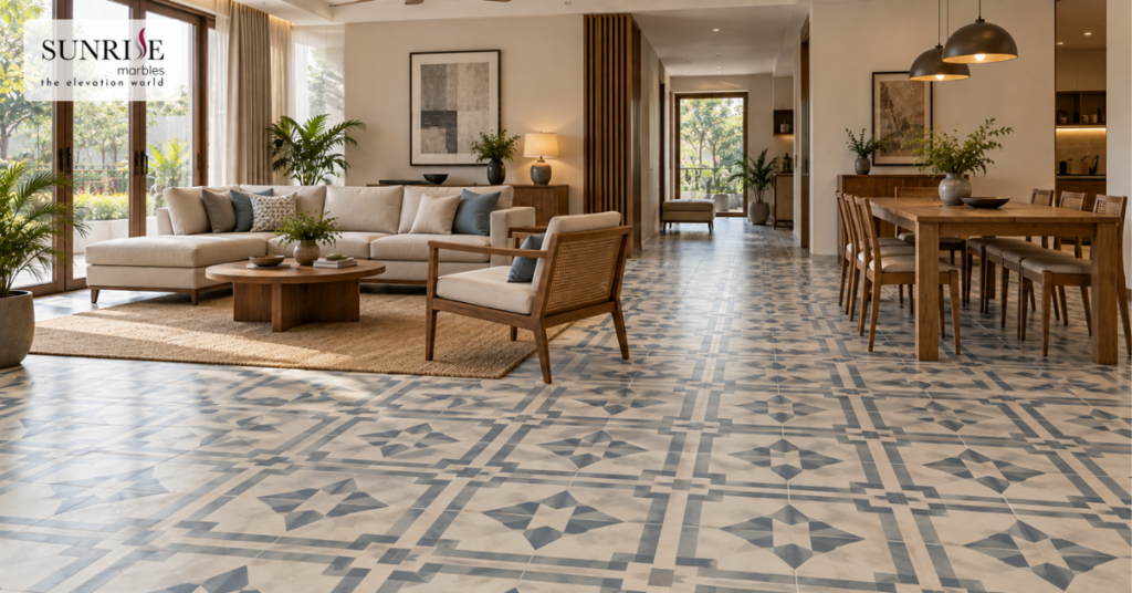 Athangudi tile design ideas featuring geometric patterns in a modern interior