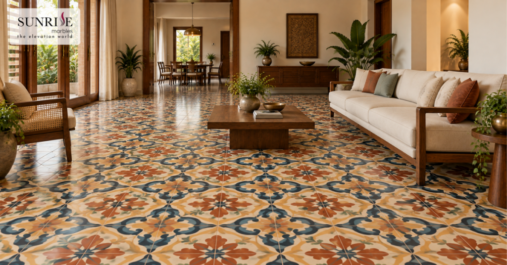 Athangudi tile design ideas featuring a multicolour patterned floor as a focal point