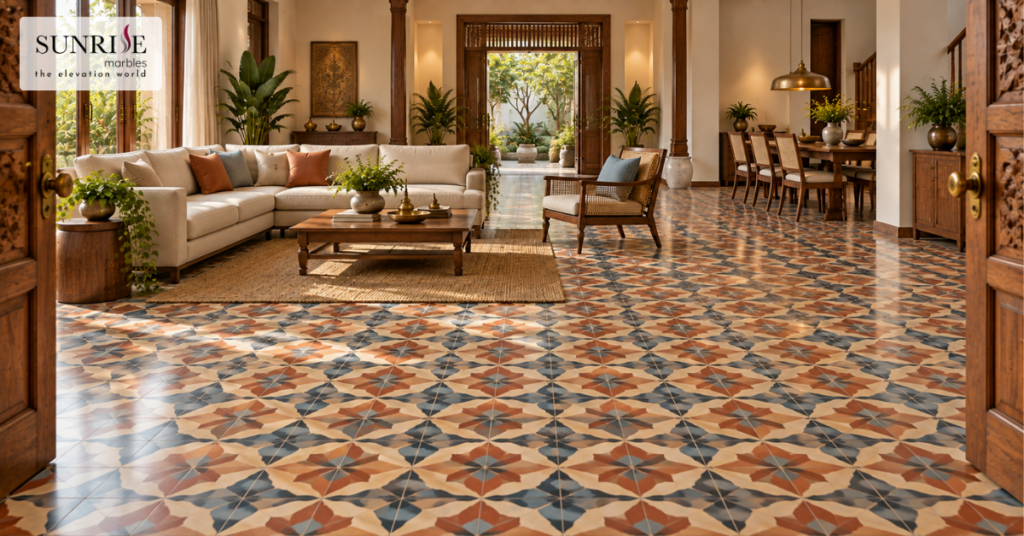 Athangudi tile design ideas featuring symmetrical patterns for a balanced floor