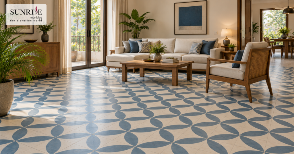 Athangudi tile design ideas featuring a simple two-colour blue and white pattern