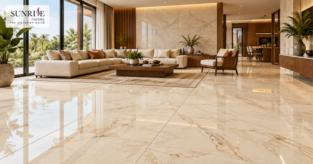 Living room floor tile design ideas featuring large-format marble-look tiles