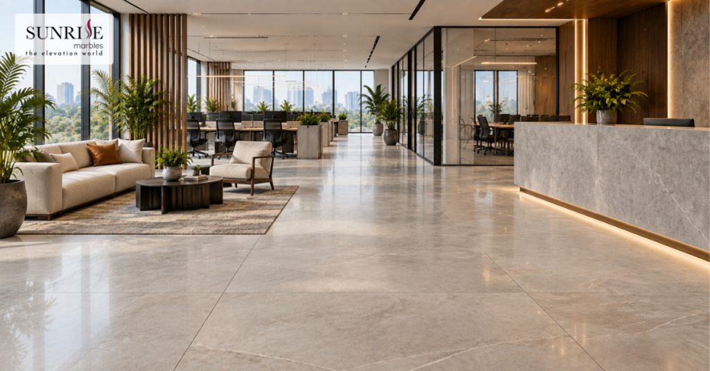 Office flooring tiles in a modern workspace with large-format floor tiles