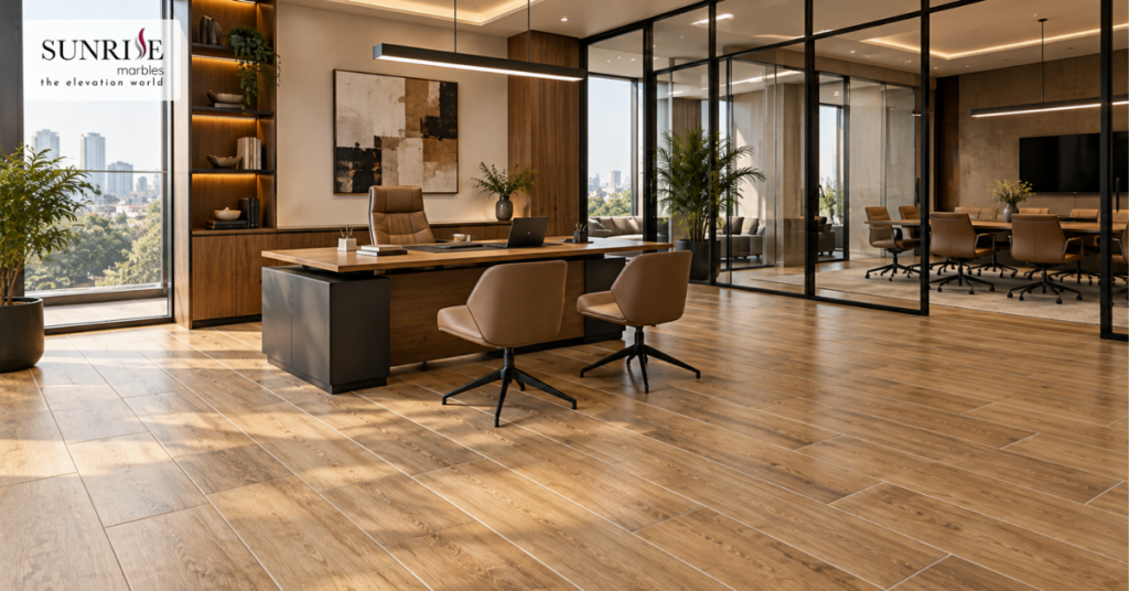 Office flooring tiles with a warm wood-look finish in an executive cabin