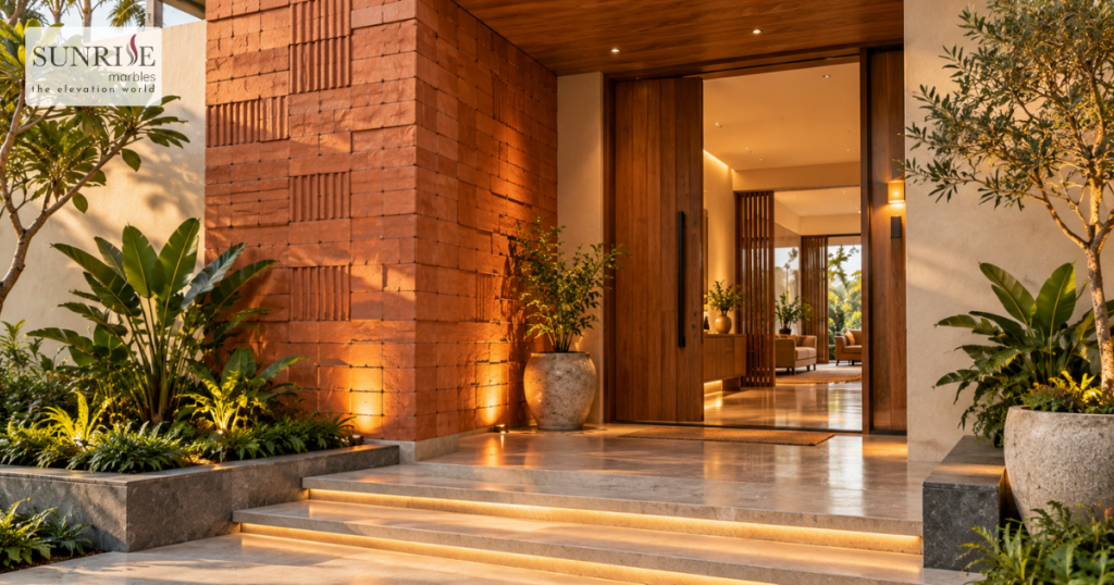 Modern home entrance featuring a terracotta brick accent wall, timber door and stone flooring
