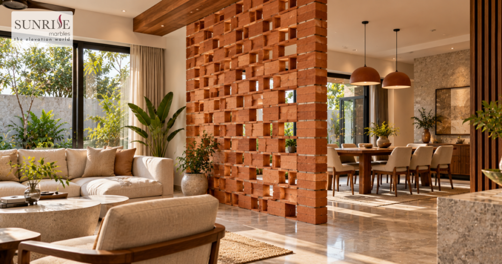 Openwork terracotta brick partition separating living and dining areas in a modern home