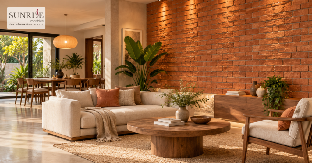 Terracotta brick wall in a warm contemporary interior with natural wood furniture and neutral decor