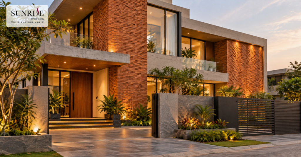 Terracotta bricks used as an exterior wall accent on a modern villa