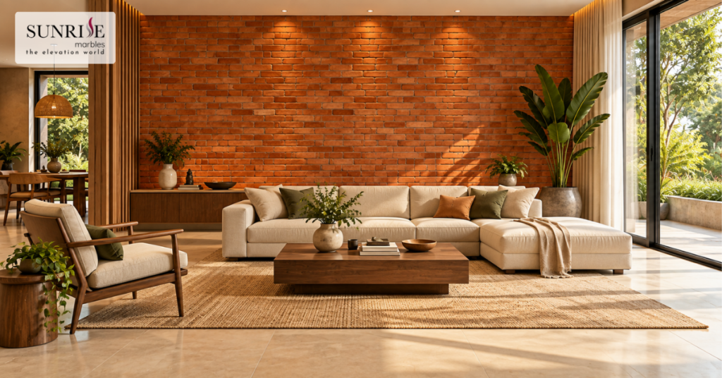 Terracotta bricks used for a feature wall in a contemporary living room
