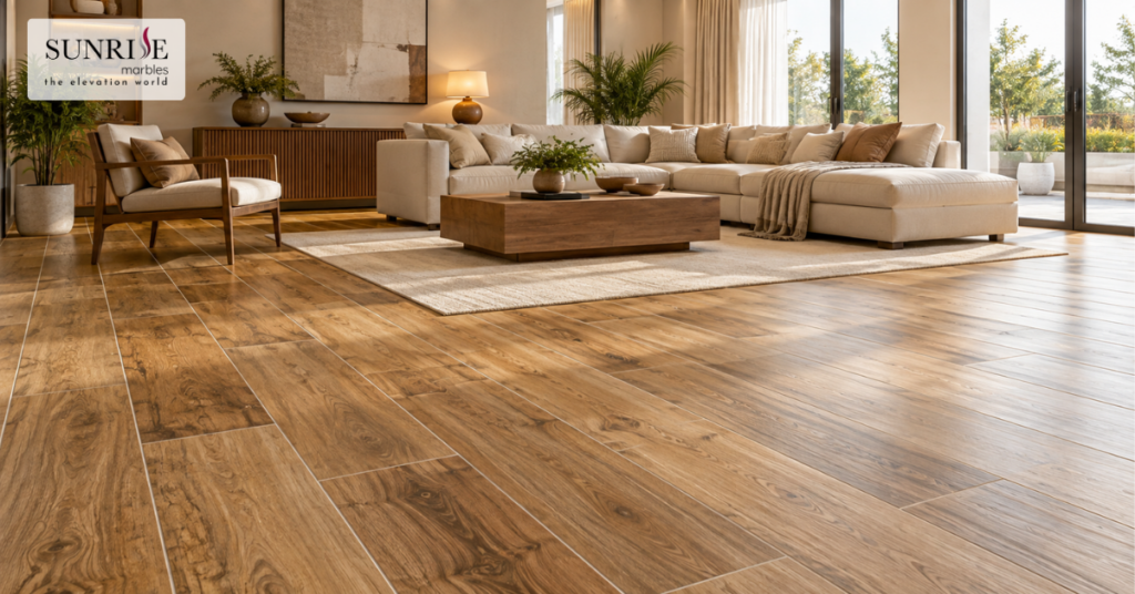 Living room floor tile design ideas featuring warm wood-look tiles