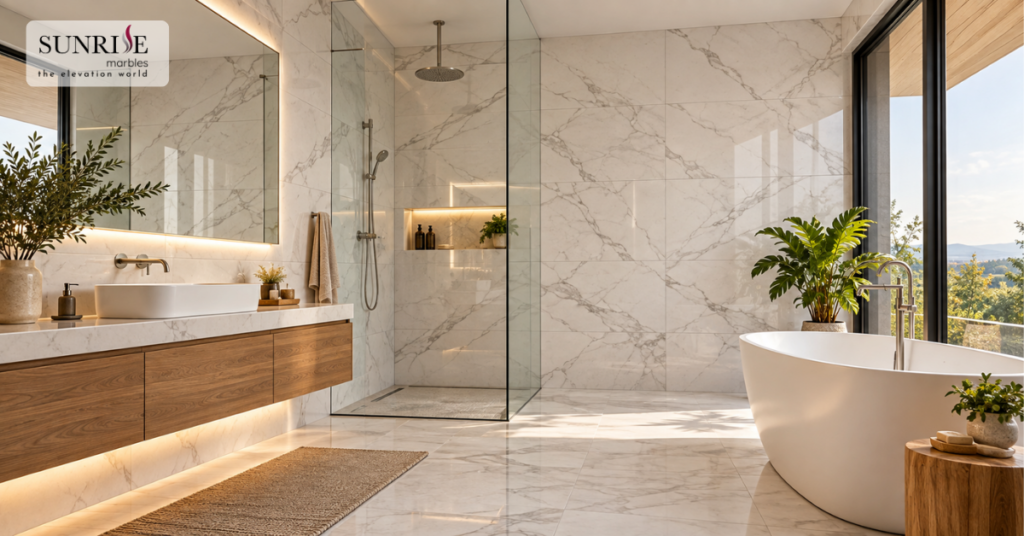 Best bathroom wall tiles featuring elegant white marble-look tiles