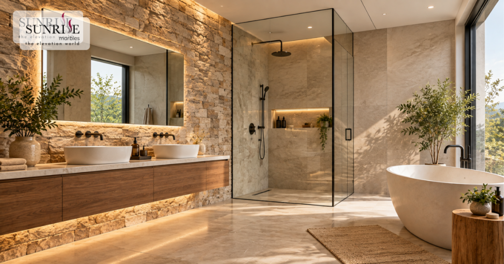 Best bathroom wall tiles featuring textured stone-look tiles