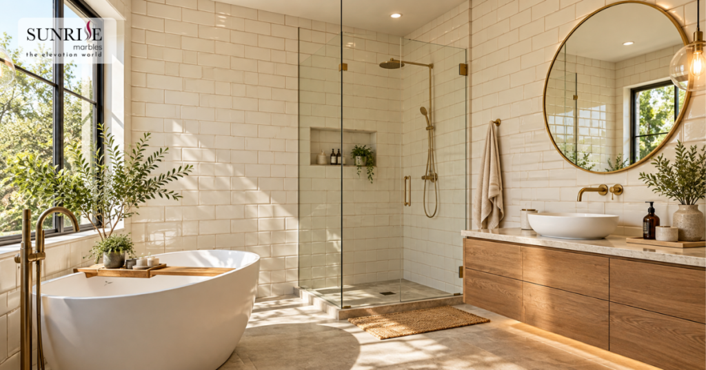 Best bathroom wall tiles featuring modern cream subway tiles