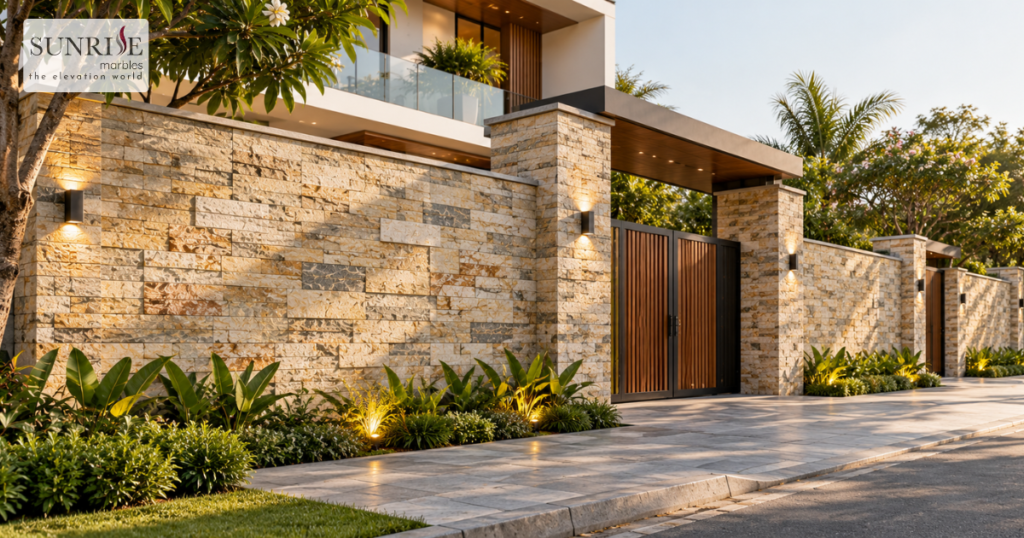 Modern Indian home's boundary wall with natural stone cladding, pillars and gate openings