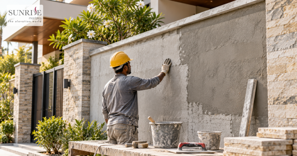 Mason inspecting and preparing an exterior boundary wall before natural stone cladding installation