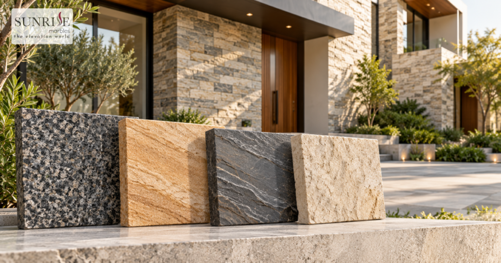 Granite, sandstone, slate and limestone samples used for natural stone wall cladding