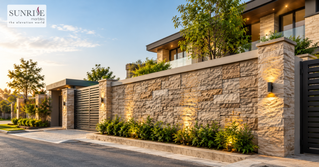 Stone cladding cost for boundary wall featuring natural stone cladding on a modern home
