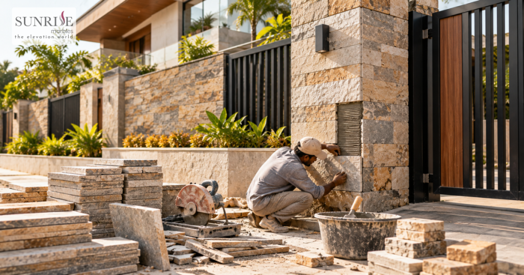 Natural stone pieces and offcuts beside a boundary-wall pillar and gate opening during stone cladding installation