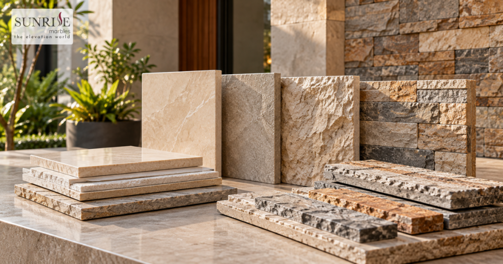 Natural stone cladding samples showing different finishes, thicknesses and sizes