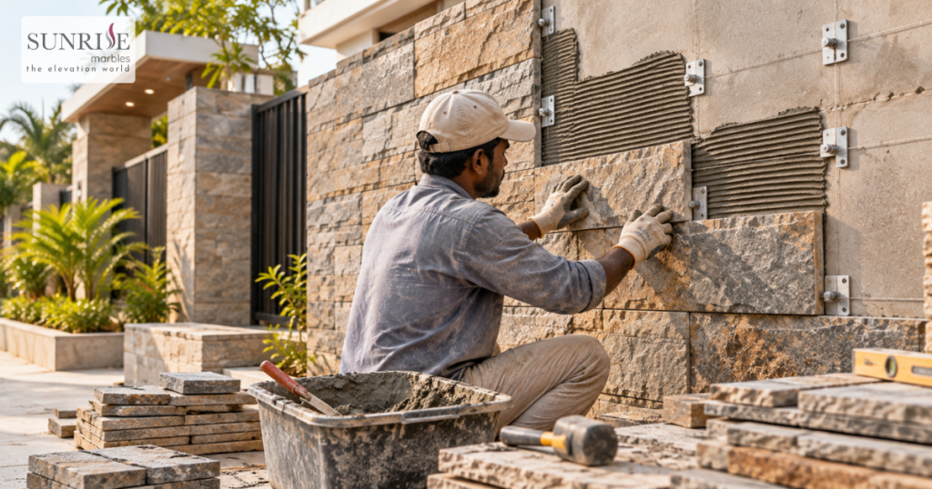 Mason installing natural stone cladding on an exterior boundary wall using installation tools and fixing materials